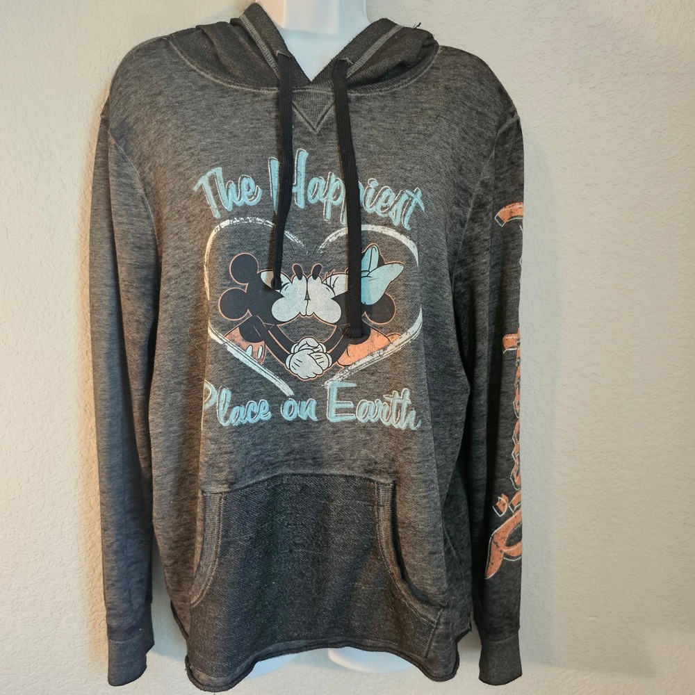 Disney Parks Mickey Minnie Happiest Place‎ on Earth Gray Hoodie Sweatshirt L